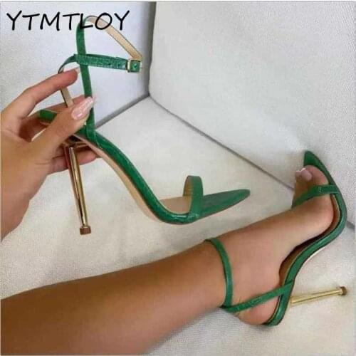 2021 New Ankle Strap Green Ladies High Heels 11 Cm Sandals Pointed Toe Womens Square Shoes Sandalias De Mujer