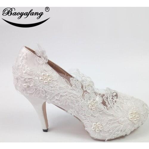 BaoYaFang 2019 New arrival Women wedding shoes Bride White lace party dress shoes lace pearl Bridesmaid round toe patent leather