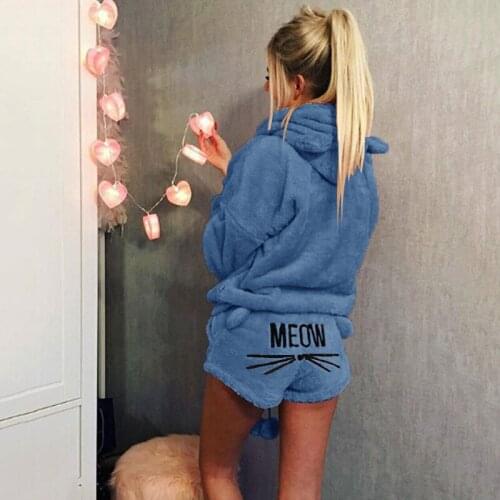 Women Coral Velvet Suit Two Piece Autumn Winter Pajamas Warm Sleepwear Cute Cat Meow Pattern Hoodies Shorts Set 2021 New