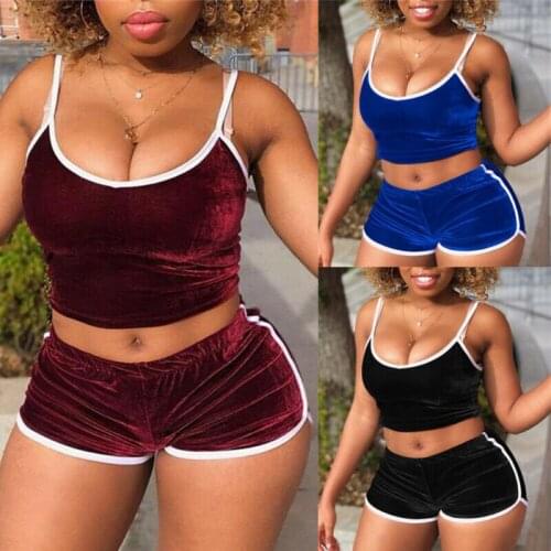 Women Summer Casual Sleeveless Bodycon Crop Top and Shorts Outfits2 Pieces Clothes Set Velvet Sports Gym Clothing