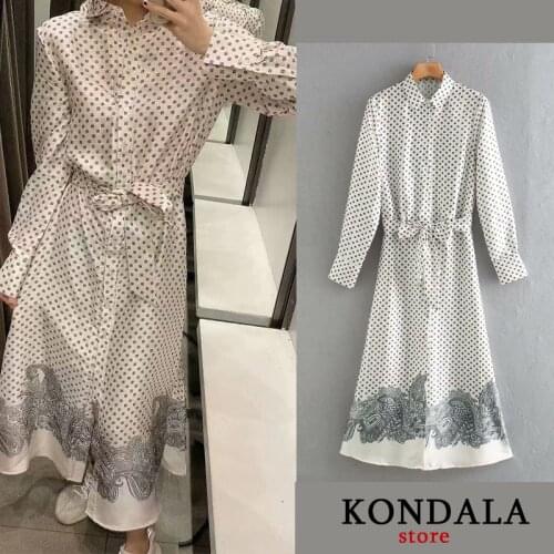 Women dress za 2020 dot print office lady bow tie sashes shirt dress long sleeve mid-calf A-line dresses female autumn vestidos