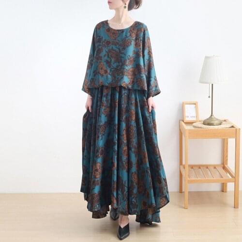 Johnature Women Vintage O-Neck Three Quarter Sleeve Dress Real Silk Grace Print Flora Long Dress 2021 Summer New Loose Dress