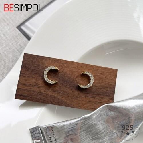 Besimpol Aesthetic Real 925 Sterling Silver Stud Earring Fashion Shining Meniscus Zircon Earrings For Women Fine Jewelry Gifts