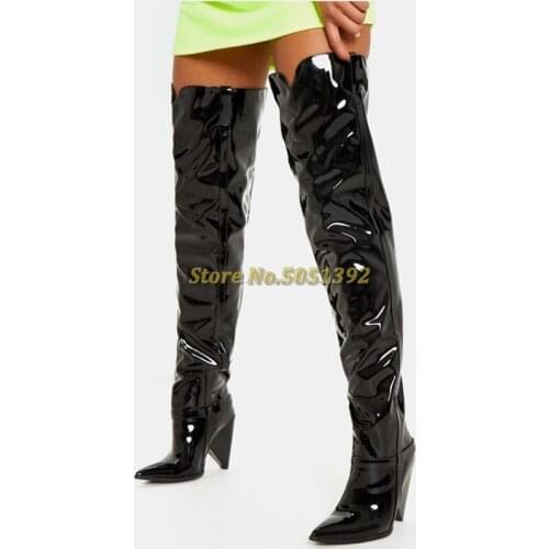 Spike Heel Shiny Black Leather Boots Over The Knee Sexy Pointed Toe Fashion Thigh High Boots Patent Leather New Arrivals Shoes