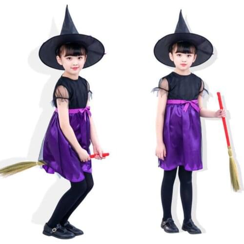 Children Halloween Costume Witch Cosplay Bowknot Dress Hat Simulation Flower Masquerade Party Role Play Kids Clothes
