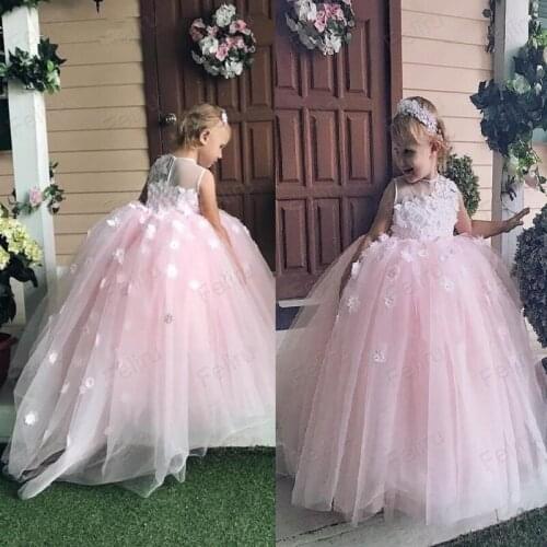 Baby Pink Ball Gown Flower Girls Dresses Sheer Neck Appliques Girls Pageant Dress Tulle Lovely Kids Party Dress Formal Wear