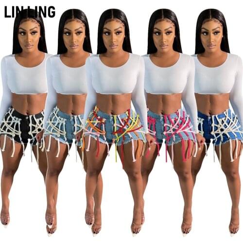 LINLING Denim Solid High Eyelet Straps Jeans Womens Clothing Street Clothing Jeans Shorts Fashion Tight Pocket Pants