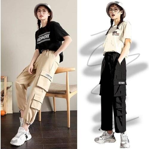Cool Khaki Cargo Pants Women Hip Hop Streetwear Track Pants Capris Elastic High Waist Trousers Female Autumn Black Sweatpants