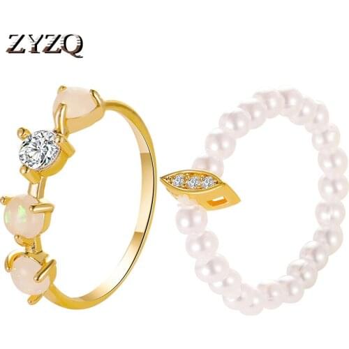 ZYZQ Japanese Ins Wind Two-Piece Ring Simple Artificial Pearl Ring Artificial Opal Women Ring