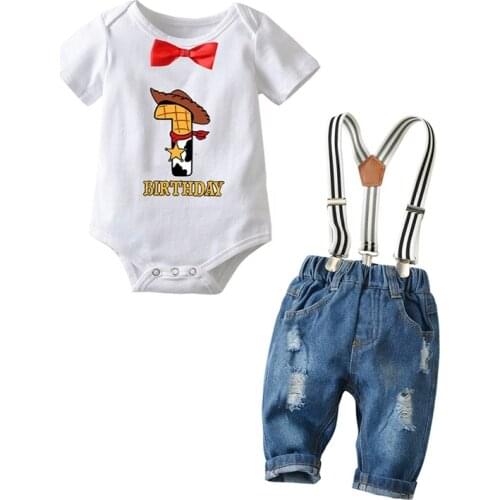 Summer Toddler Boys Clothing Set Cowboy Fashion Romper Cartoon 0-24 Months Kids Boys Clothing Jean Pants+Rompers Boy Clothing