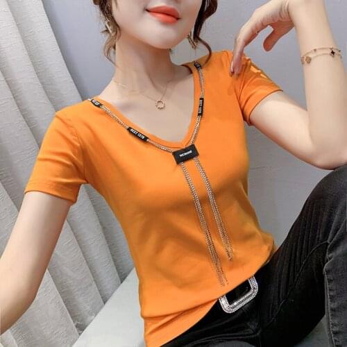 Summer V collar Chain design short Sleeve Tee Women Fashion Slim Tops Casual Woman T Shirts 2021 women sexy tops t shirt