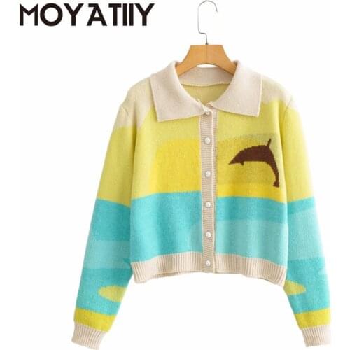 MOYATIIY Fashion Women Cardigan Sweaters Vintage Patchwork Light Color Cardigan Coat Cartton Dolphin Parttern Coats Outwear Tops
