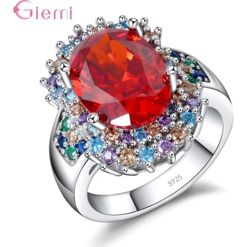 Dazzling Rainbow Flower Cubic Zircon Ring for Women Female Wedding Engagement Jewelry 925 Sterling Silver-Silver-Bijoux