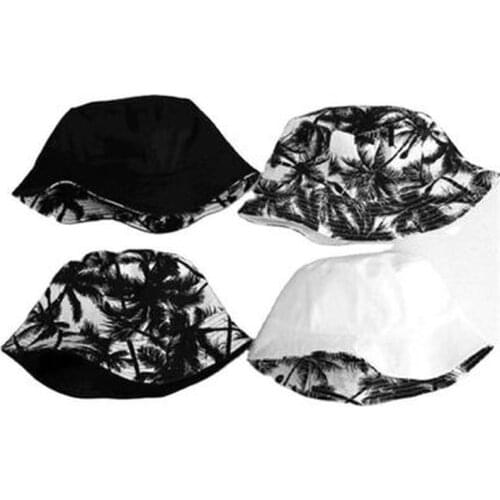 Unisex Panama Coconut Canvas Bucket Hats Black Printed Plant Double-sided Wearable Basin Caps Outdoor Travel Visor Hiking Hat