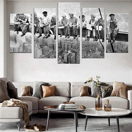 Landscape Canvas Home Decor Poster Black And White Vintage Style New York Skyscraper Lunch Workers HD Printed Room Decor Picture