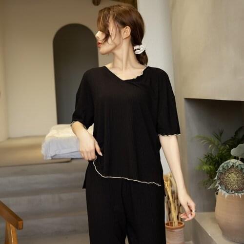 Pajamas Women Summer Cotton Modal Sleepwear Set Ladies Pyjamas Nightwear Home Clothes Short-Sleeved V Neck Loose Pijamas Suit