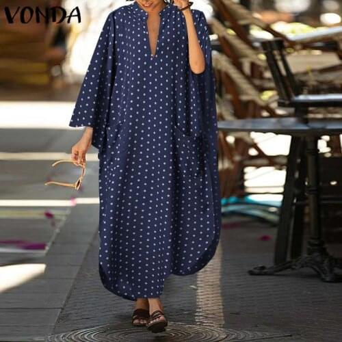 Polka Dot Maxi Dress Women Asymmetric Sundress Casual Loose Summer Kaftan Dress With Pockets VONDA Loose Vestidos
