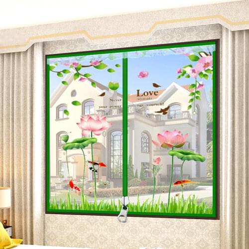 Romantic Lotus Door Window Mesh Screen Zipper Opening Yarn Air Tulle Fly Mosquito Net Curtain Removeable Washable