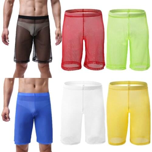 Sexy Mens Long Boxer Shorts Sleep Bottoms Lingerie Mesh Transparent Gay Panties Causal Trousers Plus Size Underwear Boxershorts