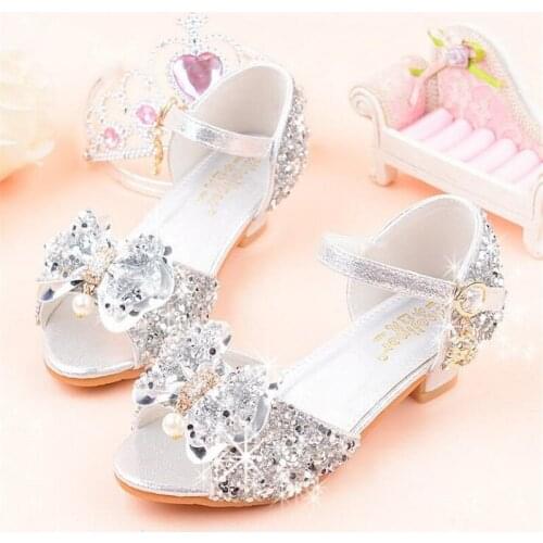 Princess Girls Party Shoes Children Sandals Bow Sequins High Heels Shoes Girls Sandals Peep Toe Summer Kids Shoes High Heels