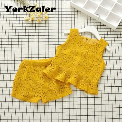 YorkZaler Fashion 2019 Girls Clothes Set Yellow Hallow Out Floral Shirt+Solid Pants Kids Clothing Suit Casual Baby Girl Outfits