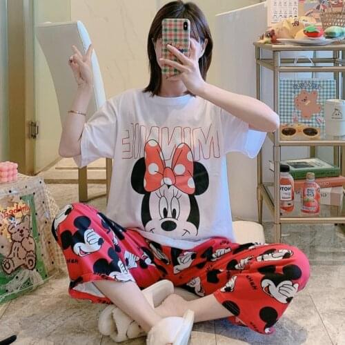 M-2XL Plus Size Disney Anime Minnie Mickey Mouse Pajamas Set Woman Summer Casual Tops and Pant Loose Soft Pijama Mujer Sleepwear