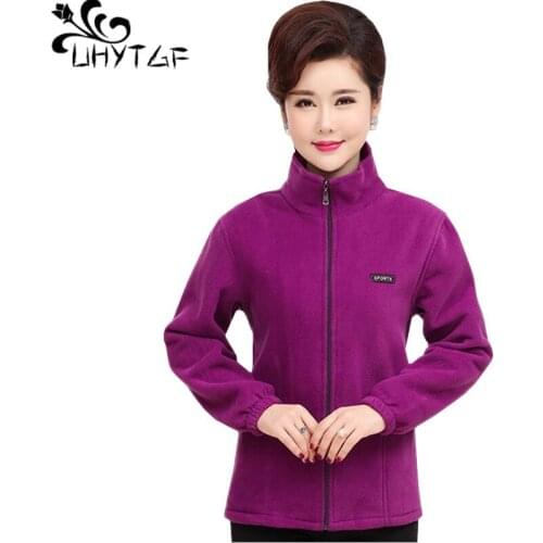 UHYTGF Casual women plus size jacket fashion fleece Elegant Lady autumn outerwear Standing collar Zipper Slim Ladies Jackets 314