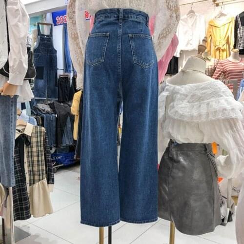 Long Beading Dark Blue Pants Female Trend Trouser Korean 2021 Summer Fall All-match High Waist Jens Loose Wide Leg Denim Pants