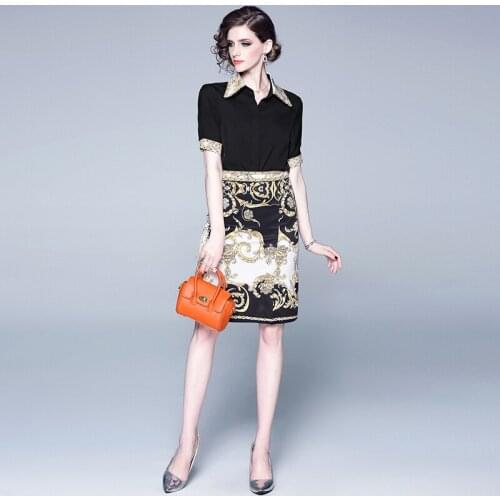 2020 New Summer Women Sets High Quality Retro Print Black Shirt And Pencil Skirt Two Piece Set Elegant Skirt Suits