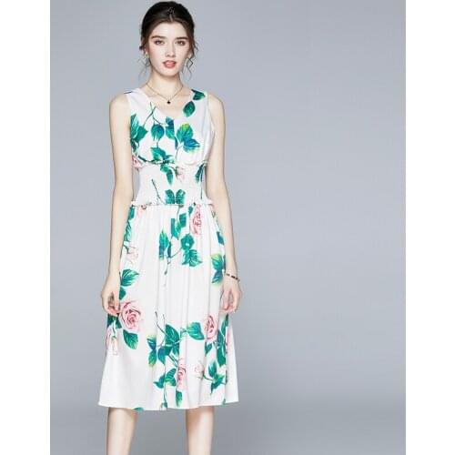 Summer Runway Rose Floral Tank Dress Womens Sleeveless Elastic Waist Ruffles Flower Print Holiday Boho Beach Midi Dress k304