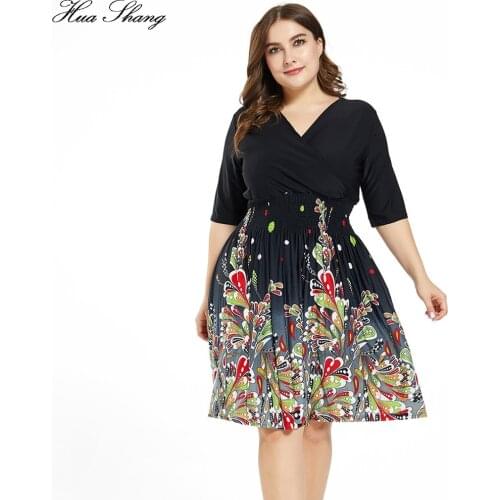 7XL Plus Size Casual Dress Women Summer V Neck Half Sleeve Floral Print Midi Dresses Black High Waist Ladies Tunic Dress