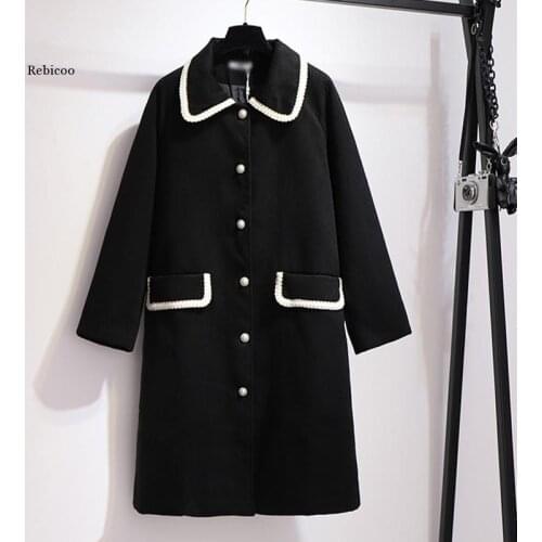 Black Plus Size Sweet Womens Winter Coat Wool Pearl Buttons Elegant Long Sleeve Slim Single Breasted Jacket Coats Women