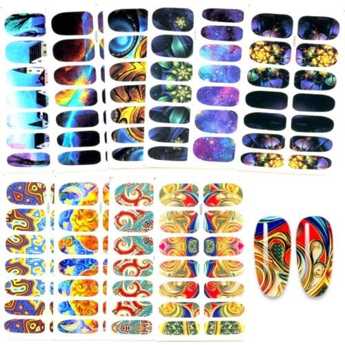 14 pieces of gradient starry sky nail stickers flower characters cartoon nail slider anime water transfer decals