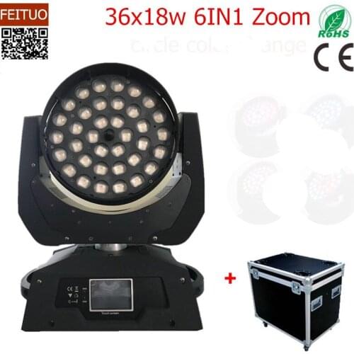4pcs/lot RGBWA UV 6in1 zoom 36*18W led zoom wash moving head stage projector dmx zoom mpving head light