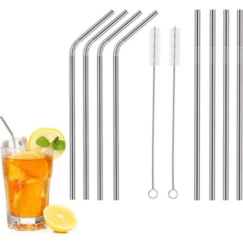 Reusable Metal Drinking Straws 8pcs Long Stainless Steel Sturdy Bent Straight Drinks Straw with Cleaning Brush Bar Accessory