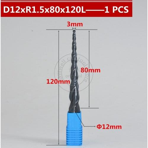 Free shipping-1PCS R1.5*D12*80C*120L*2F HRC55 Tungsten solid carbide Coated Tapered Ball Nose End Mill taper and cone end mills