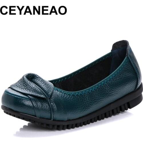 CEYANEAOWomen casual loafers flats genuine leather slip-on flower sewing round toe shallow shoes female shoes big size35-41E1011