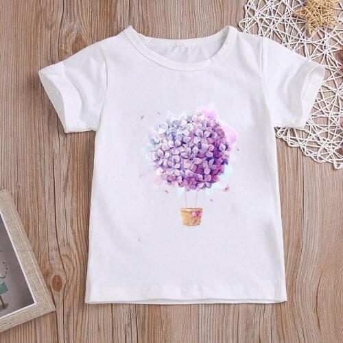 2-12 Years Old Baby Kids T-shirts Flower Balloon Print Girls Clothes White O-neck Short Sleeve Children Girls T Shirt