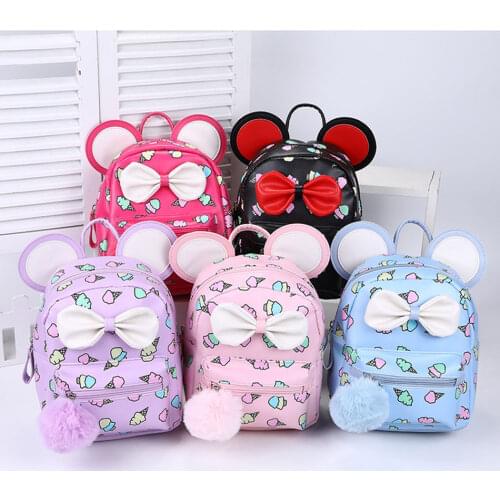 Kids Backpacks Leather Bags Waterproof Childrens School Bag Cute Round Ears Bow Girls Backpacks Ice Cream Printed Backpack