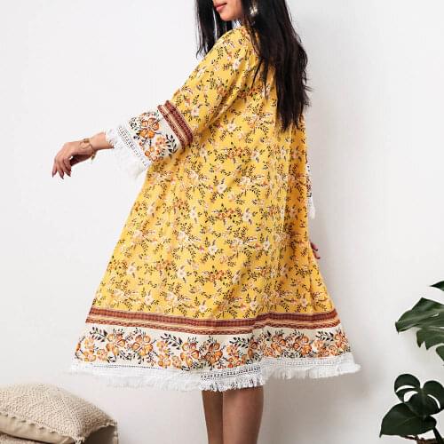 Long Tassel Long Kimono Floral Print Loose Cardigan Summer Coat Fashion Casual Beachwear Holiday Beach Blouse Yellow 2021