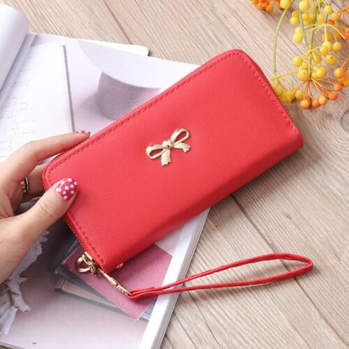 PU Leather Womens Long Wallet Cute Bowknot Phone Money Bag Clutch ID Card Holder Detachable Wristband Fashion Coin Purse