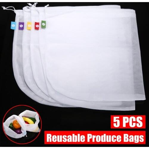 5pcs 35*30cm Fruit Vegetable Bags Washable Reusable Kitchen Storage Mesh Bag with Drawstring for Home Kitchen Storage