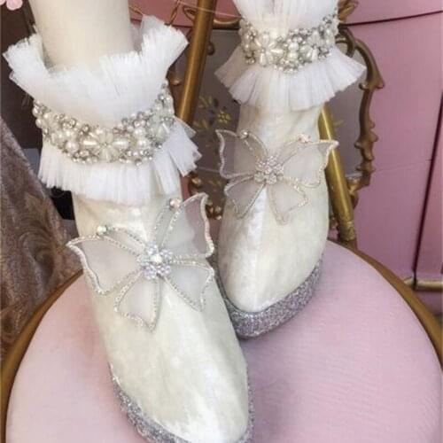 New autumn and winter lace beaded rhinestone butterfly gold velvet Xi Shi velvet increased high pointed slim snow boots