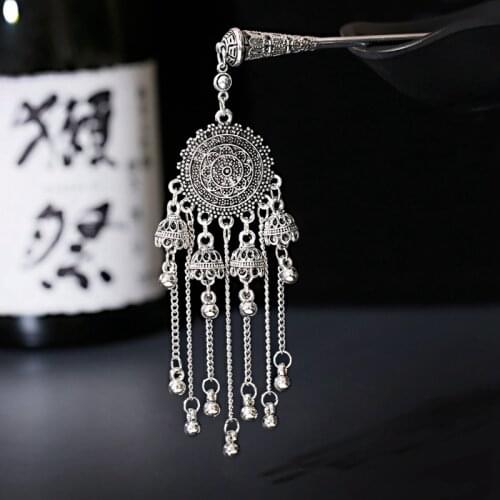 Chinese Ethnic Ancient Carved Hairpin 2020 Vintage Headwear Silver Color Tassel Ancient Bells Hairpin