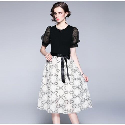 Autumn Short Puff Sleeve Mesh Pullover Sequin Embroidery Dress Luxury Ice Silk Knitted Stitching Midi Tulle Belt Vestido k8289