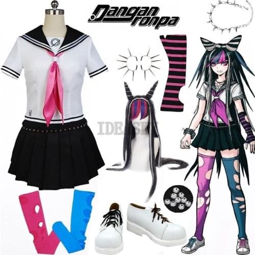 DanganRonpa Ibuki Mioda Wig Cosplay Costume Outfit Sailor Dress Uniform Carnival Party Halloween Costume For Women Girls shoes
