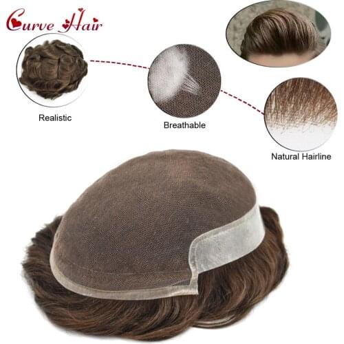 Front French Lace Human Hair Mens Toupee Natural Hairline Thin Skin Hairpieces Black Brown Colors Hand Tied Hair System Men Wig