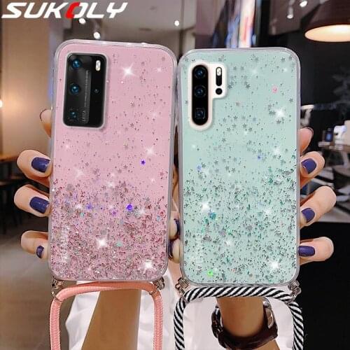 With Neck Strap Rope Cord Clear Glitter Case For Huawei P40 Pro P30 Lite Nova 7 SE Honor 30 s Pro Y9 Prime 2019 P Smart Z 2020
