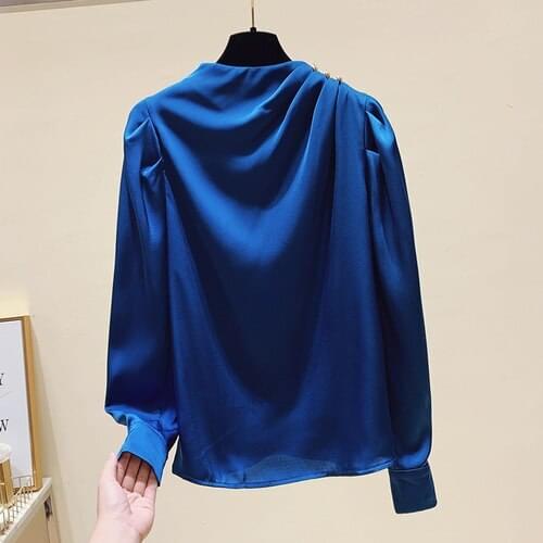 Stand Collar Button Pleated Chiffon Shirt for Women 2021 Spring New Fashion Office Ladys Tops Blouses Solid Color Blusas Mujer