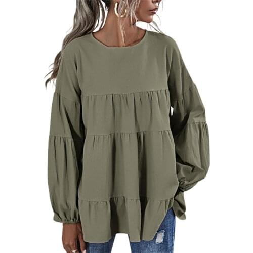 Women Skin-friendly Blouse Long Sleeve Solid Color Ruffles Patchwork Spring Autumn Lantern Sleeve O Neck T-shirt Streetwear